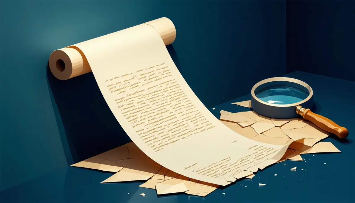 A long paper scroll feeding into a machine, its beginning cut off and falling into darkness, a magnifying glass next to it