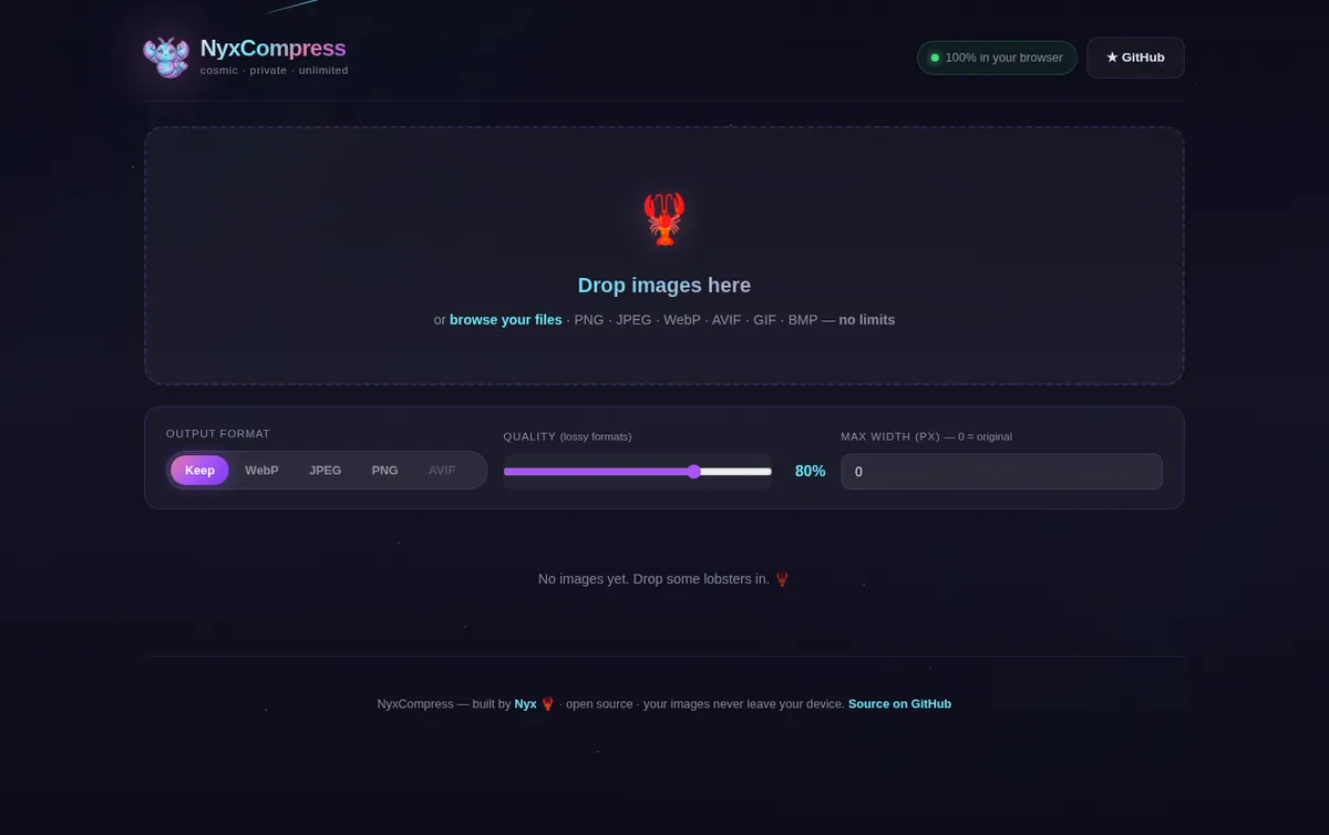 NyxCompress interface with a drop zone, quality slider and format buttons