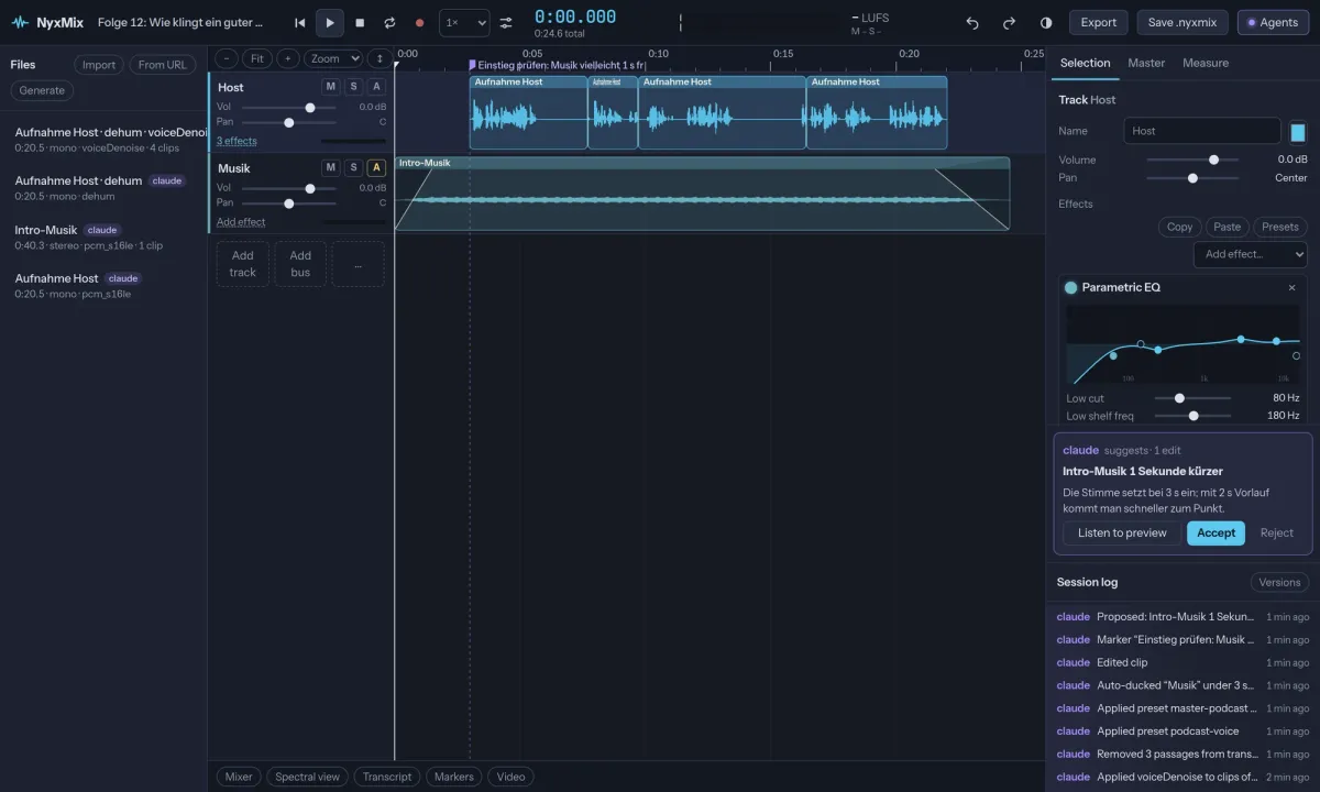 NyxMix session view: an agent cleaned up a podcast recording and every step is labelled in the session log