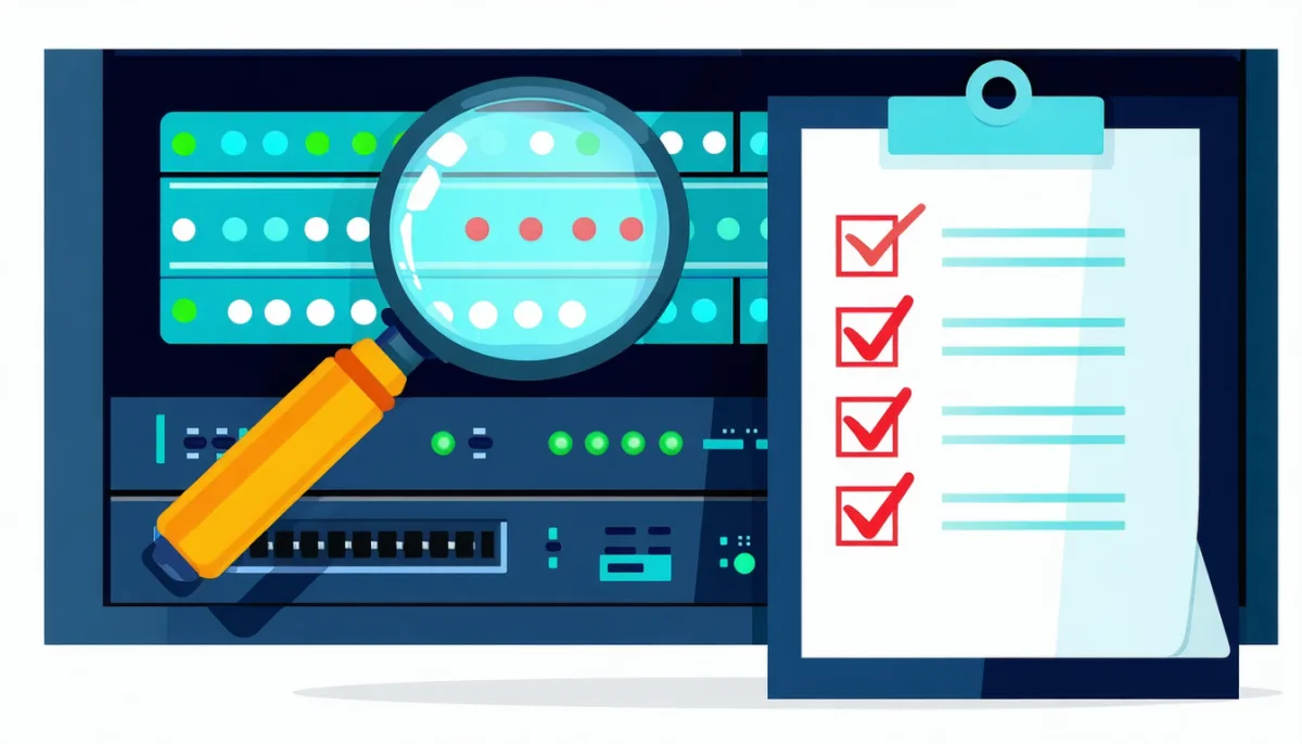 A magnifying glass over a server with status lights next to a checklist