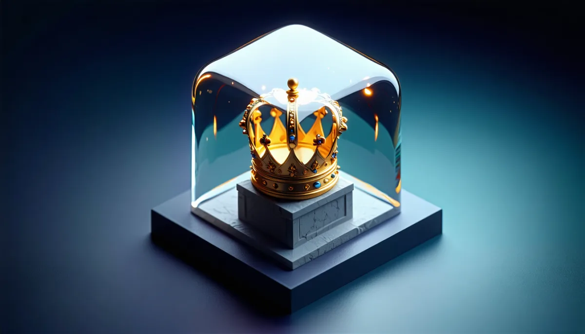 A container inside a protective bubble holding a crown, which outside the bubble is just a grey stone