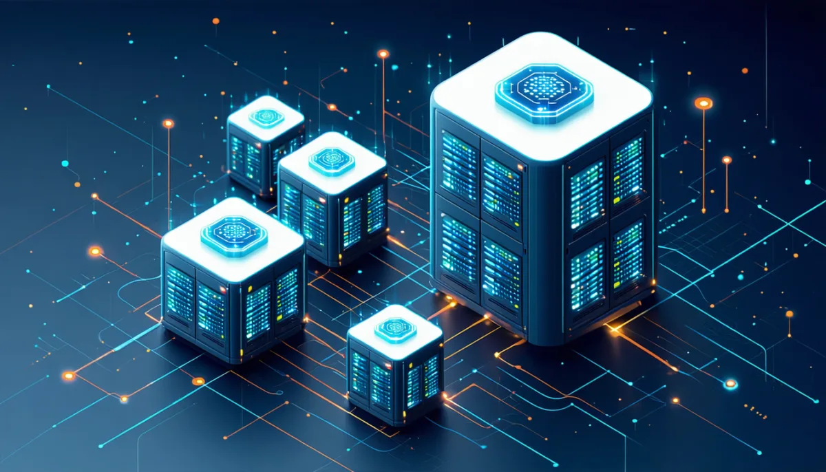 Isometric illustration of glowing server cubes connected across an illuminated circuit board