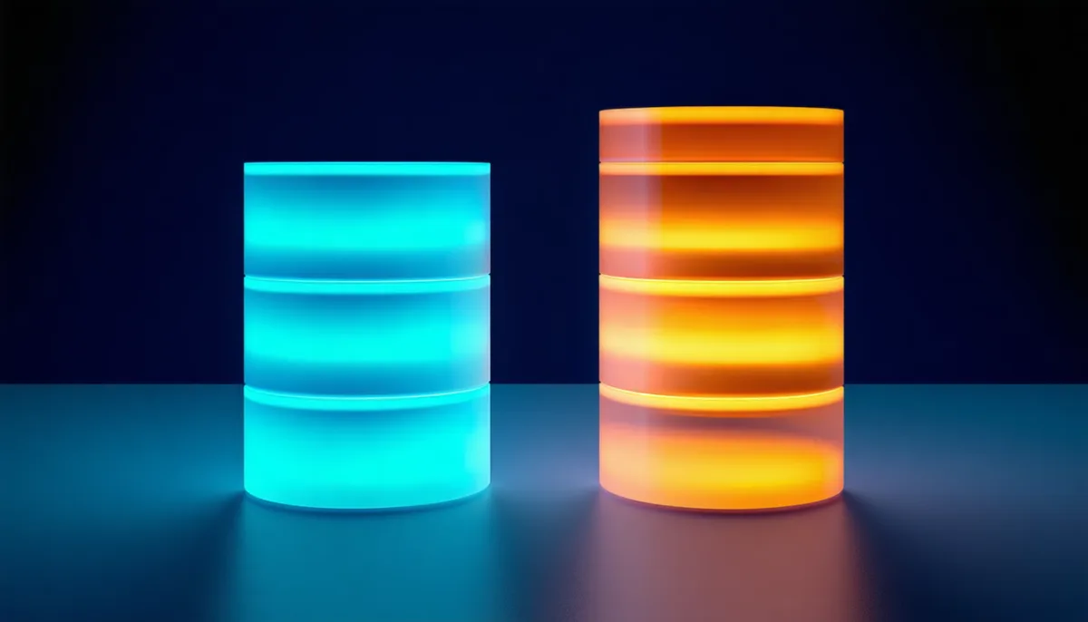 Two glowing towers of stacked discs in blue and orange side by side, the blue one slightly taller