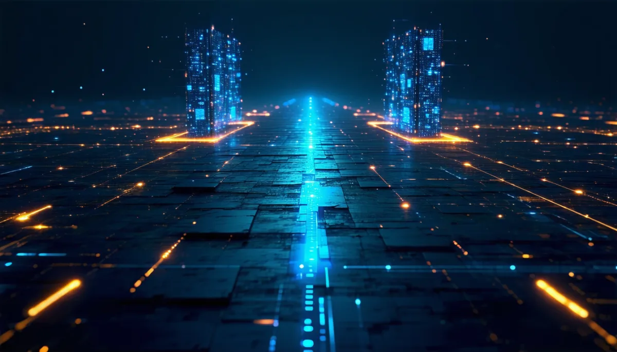 A person at a crossroads in a digital landscape, two paths leading to a blue and an orange data tower