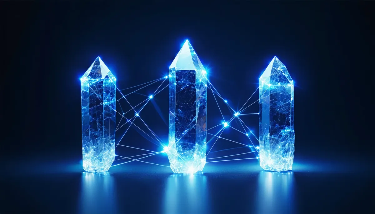 Three upright glowing blue crystals connected by a web of luminous lines and nodes
