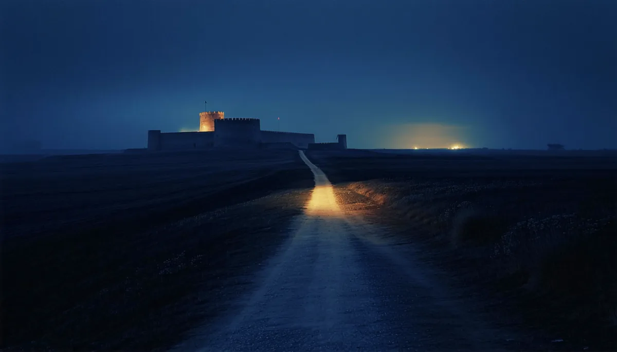 A dirt path leading at night across dark fields toward an illuminated stone fortress on the horizon
