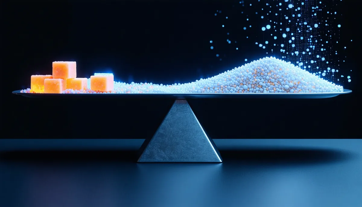 A balanced scale holding a few large orange cubes on the left and a dense mound of tiny glowing spheres on the right
