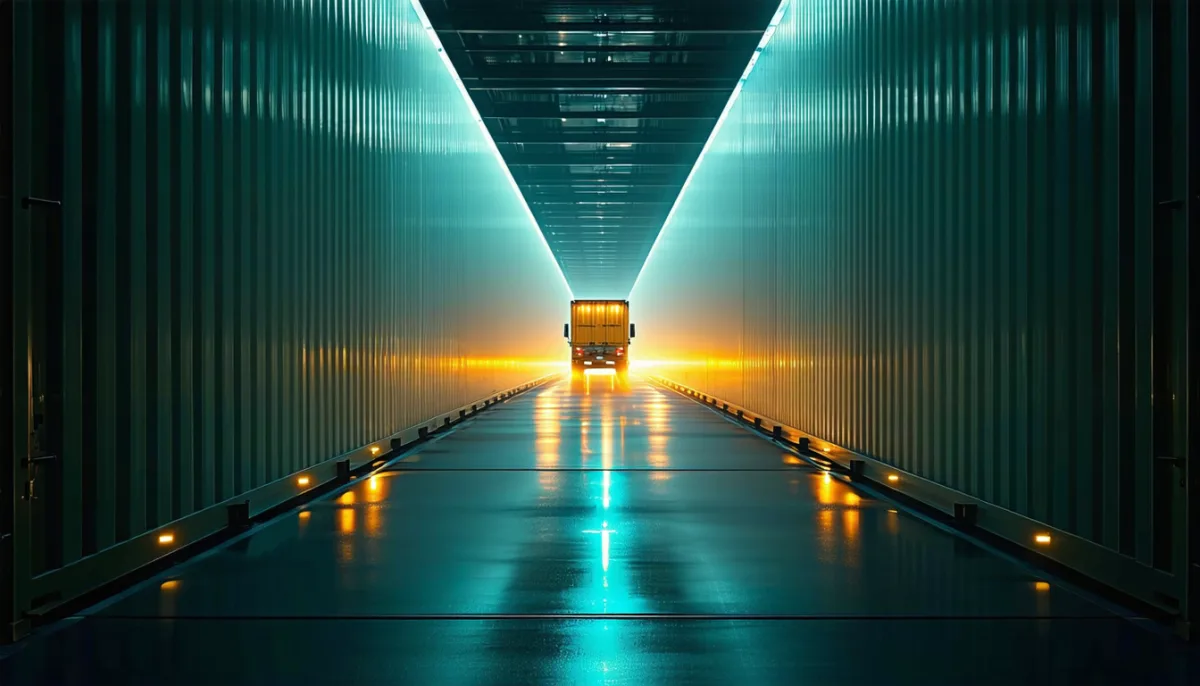 A yellow cargo truck driving through a long corridor lit in cyan between tall metal walls