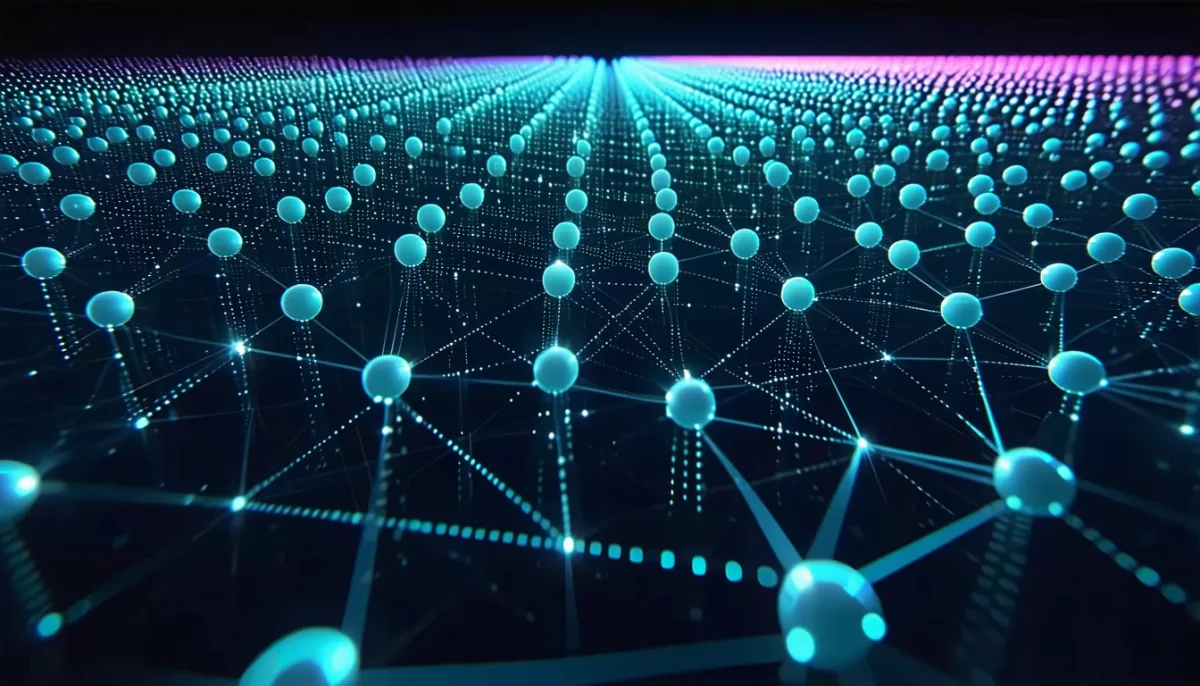 An expansive network of cyan spherical nodes connected by lines and grid patterns stretching to the horizon