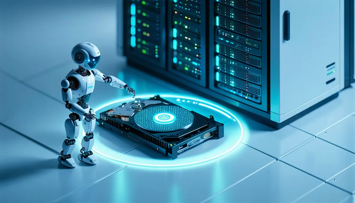 A small robot slides a new hard drive into an empty bay, a ring of light shows progress, a monitoring lamp glows calmly