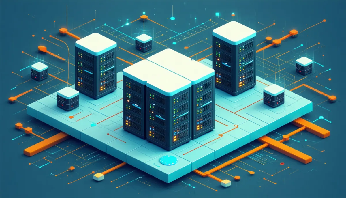 Isometric 3D rendering of various server racks on a raised platform connected by glowing circuit lines