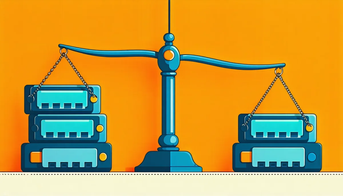 A blue balance scale holding stacks of tech drive modules on both sides against an orange backdrop