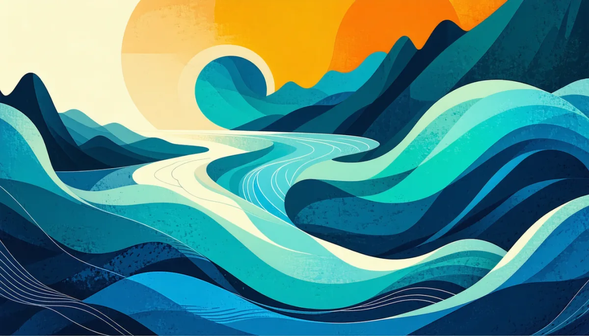Abstract illustration of flowing blue waves and a winding river between mountains under a warm sun