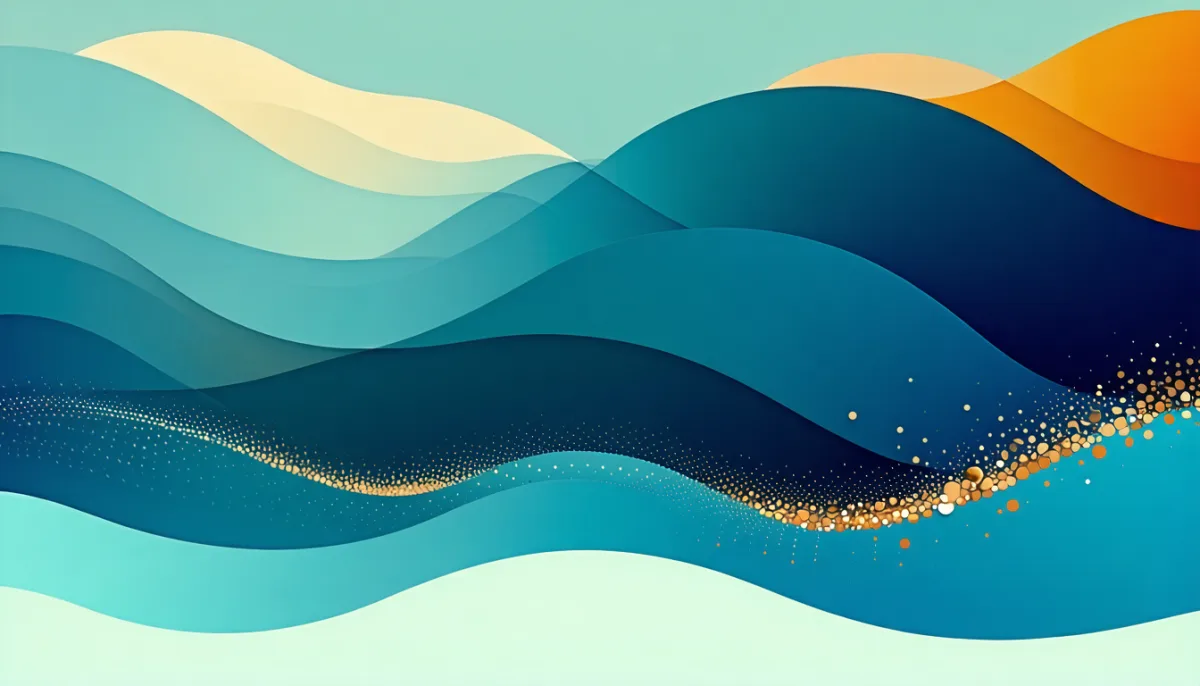 Abstract composition of layered flowing waves in blue, teal and orange tones accented with golden glittering particles