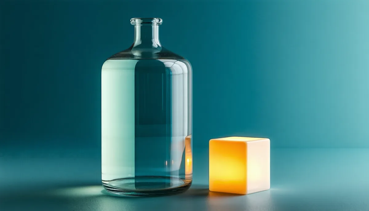 A clear glass bottle standing beside a glowing cube on a teal surface