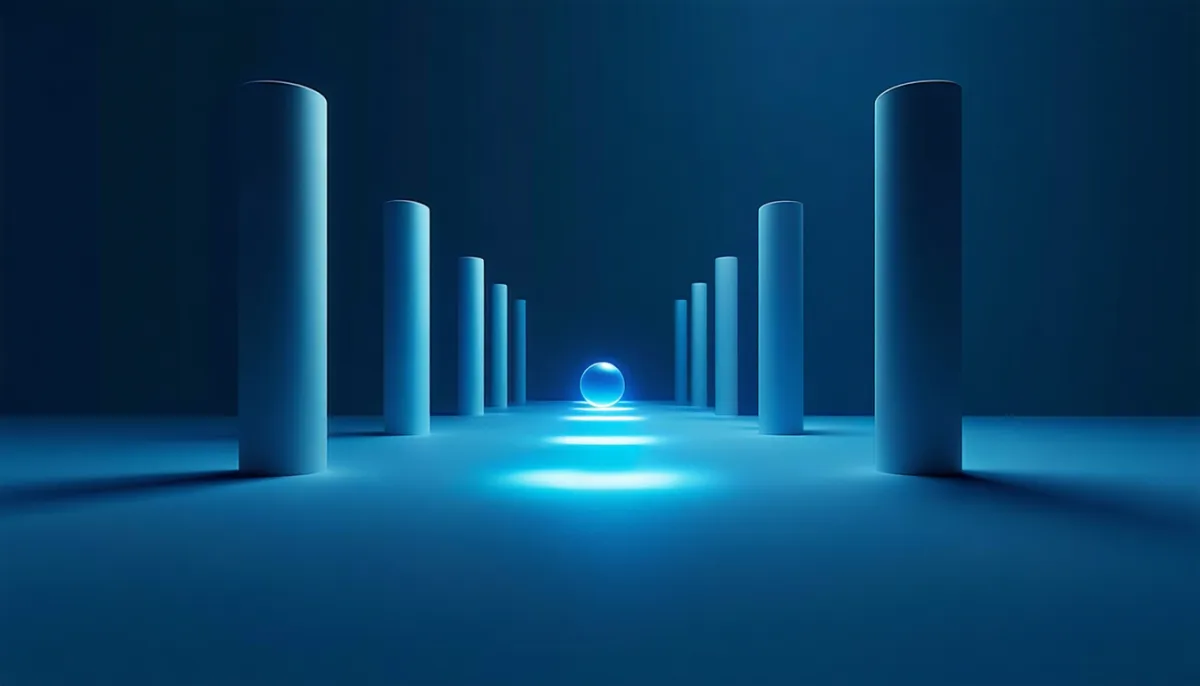 Twelve small glowing orbs travel a looping path between two pillars, while a single larger orb makes one short straight trip