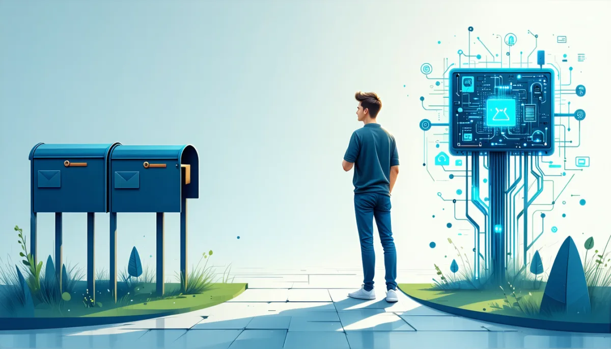 A person stands at a fork in the road; one path leads to a row of simple tidy mailboxes, the other to a glowing hub with many cables