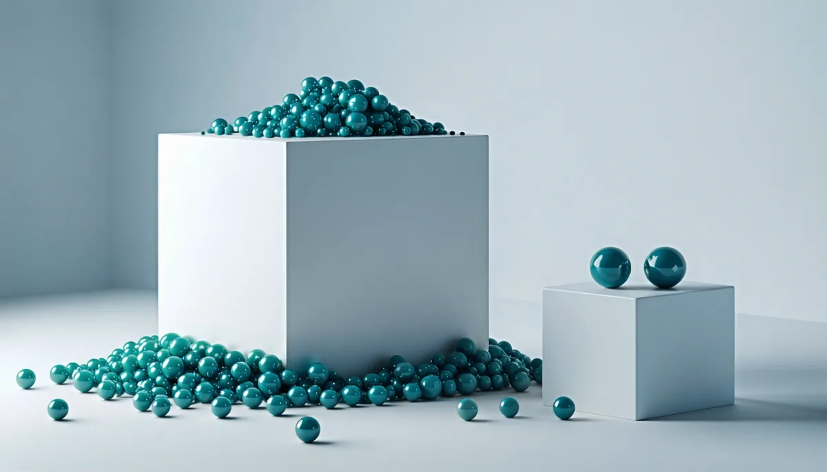A large cube overflowing with dozens of small spheres spilling onto the floor, next to a small cube neatly holding exactly three spheres