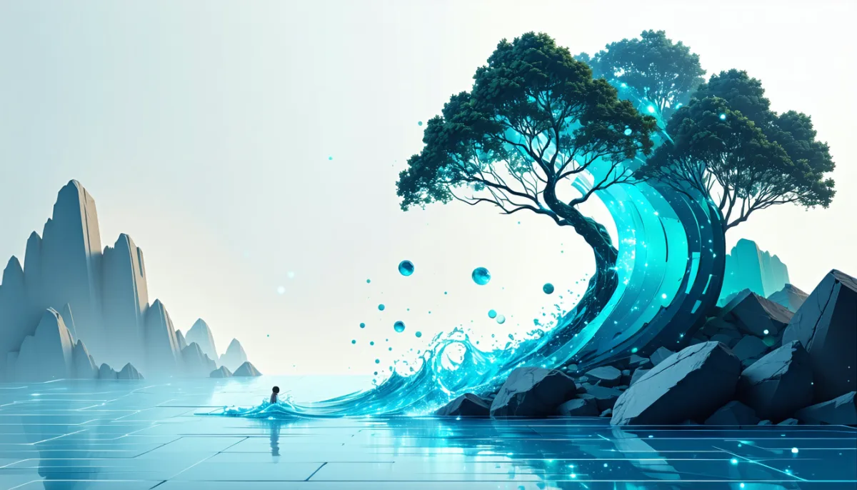 A small pebble drops into a calm pond and sets off an enormous branching wave of glowing limbs