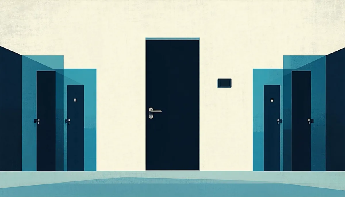 A single door branching into several separate rooms behind it