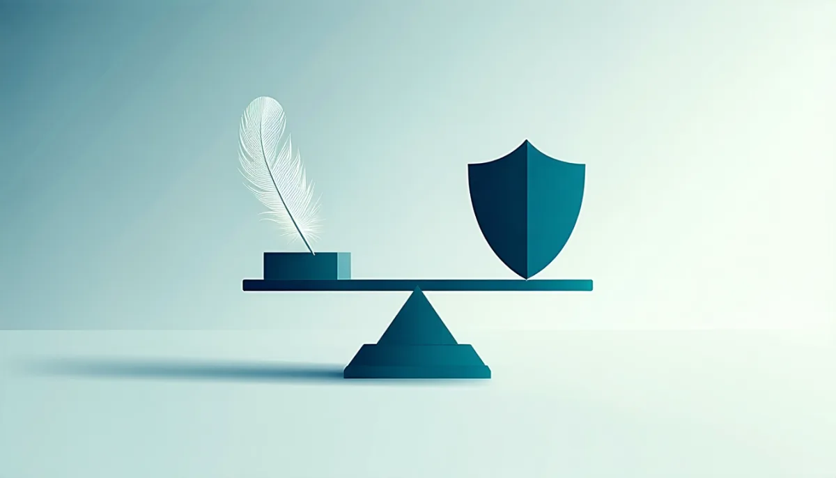 A balance scale weighing a feather against a shield