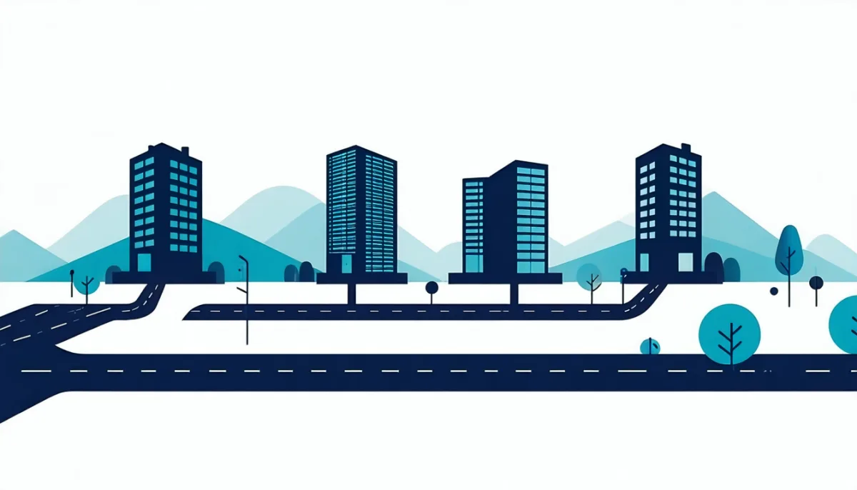 A landscape with four distinct buildings connected by a shared road