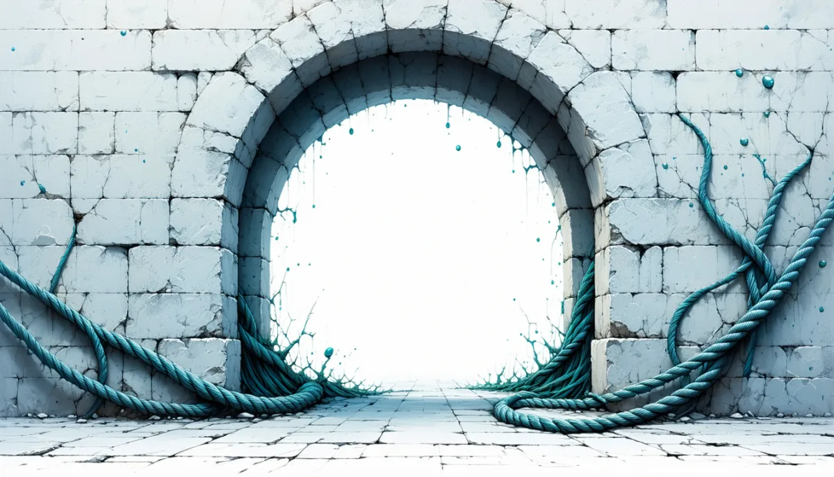 An archway with a padlock: knotted strands in front, smooth ribbons behind