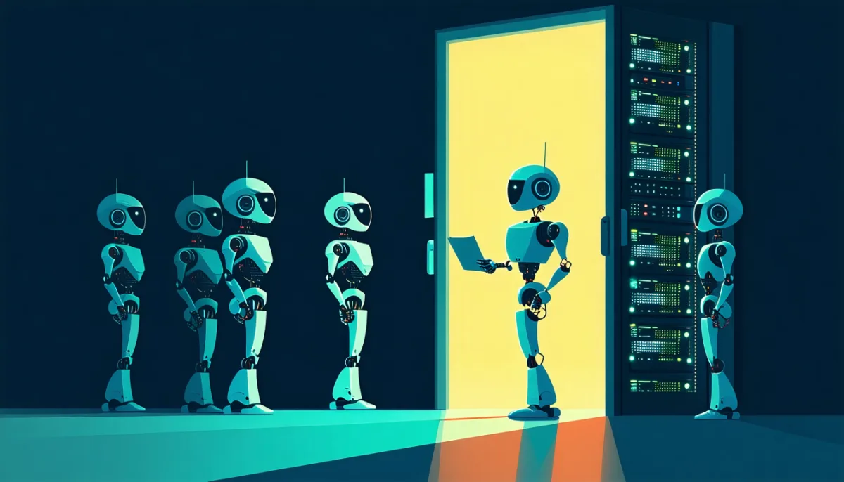 Several stylized robots queuing in front of a lit server door where one robot checks who may enter