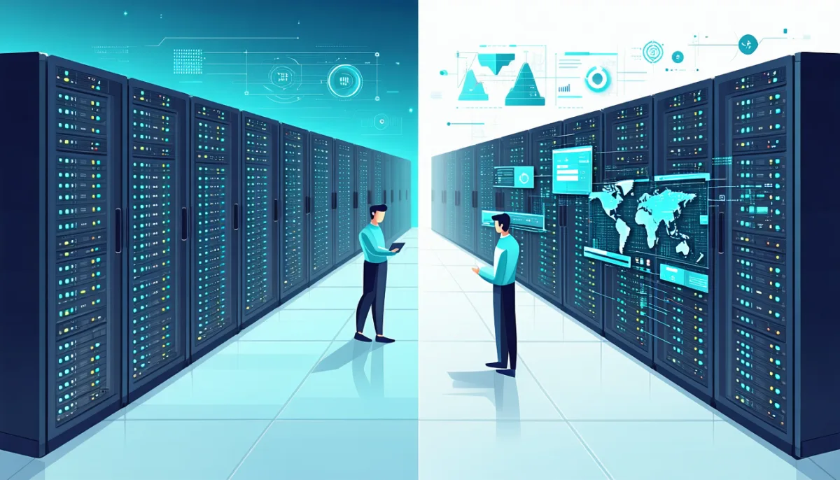Split view of fully managed hosting versus self-operated server infrastructure with maintenance and monitoring