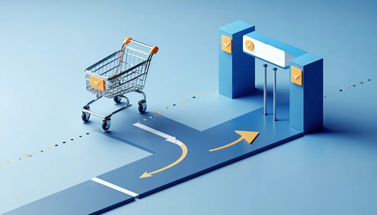 Abstract approval workflow: a cart passing through a checkpoint, one branch waiting