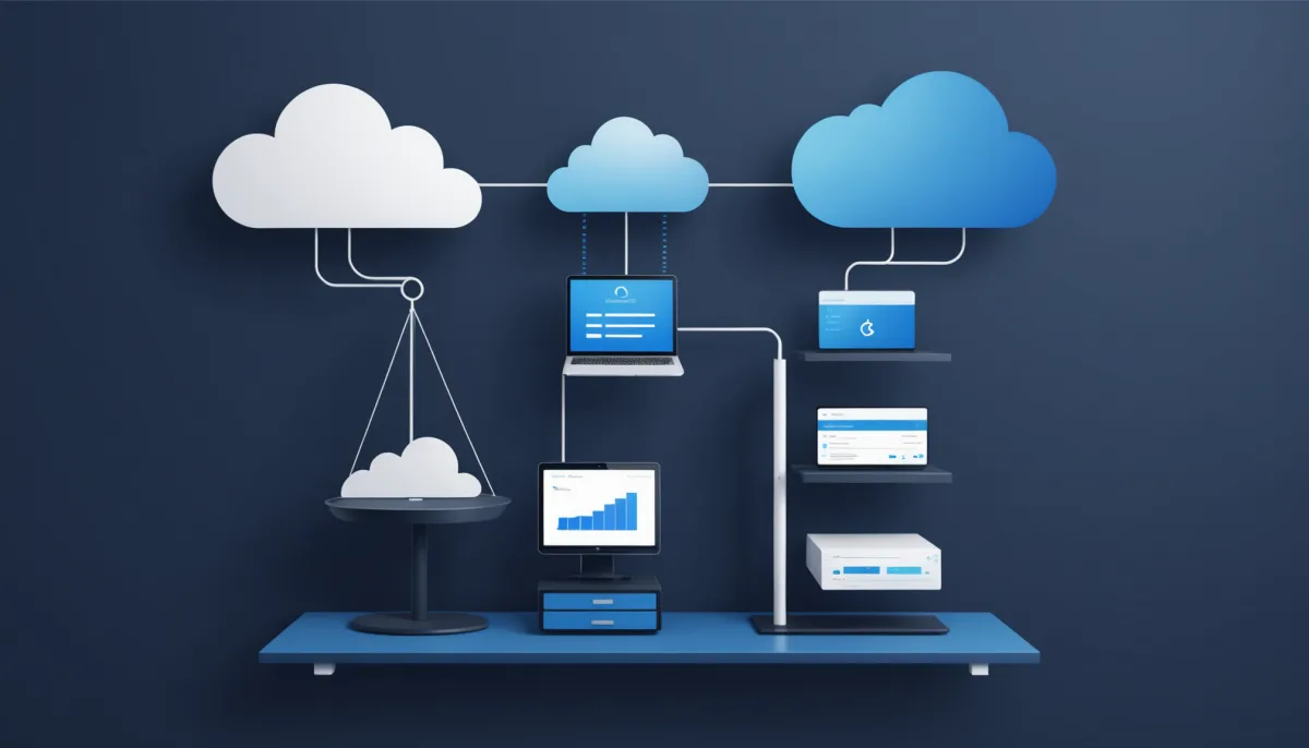 Comparison of Shopware Cloud SaaS versus self-hosted operation with a balance scale in the middle