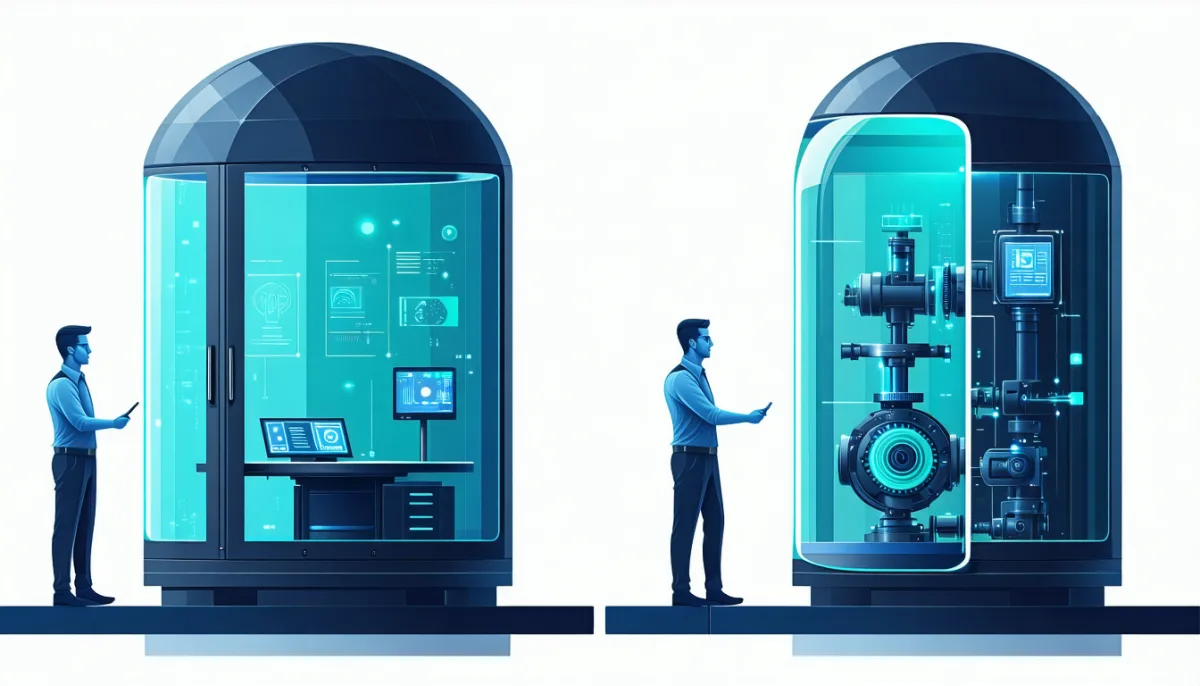 Two identical systems with different access rights: standing outside the glass wall versus working inside among the machinery with tools
