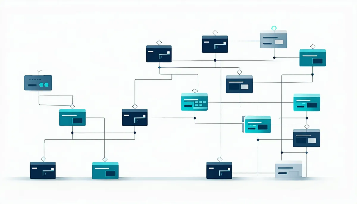 A branching decision tree of geometric connectors where parcels enter at the top and are routed down different branches into separate shipping lanes