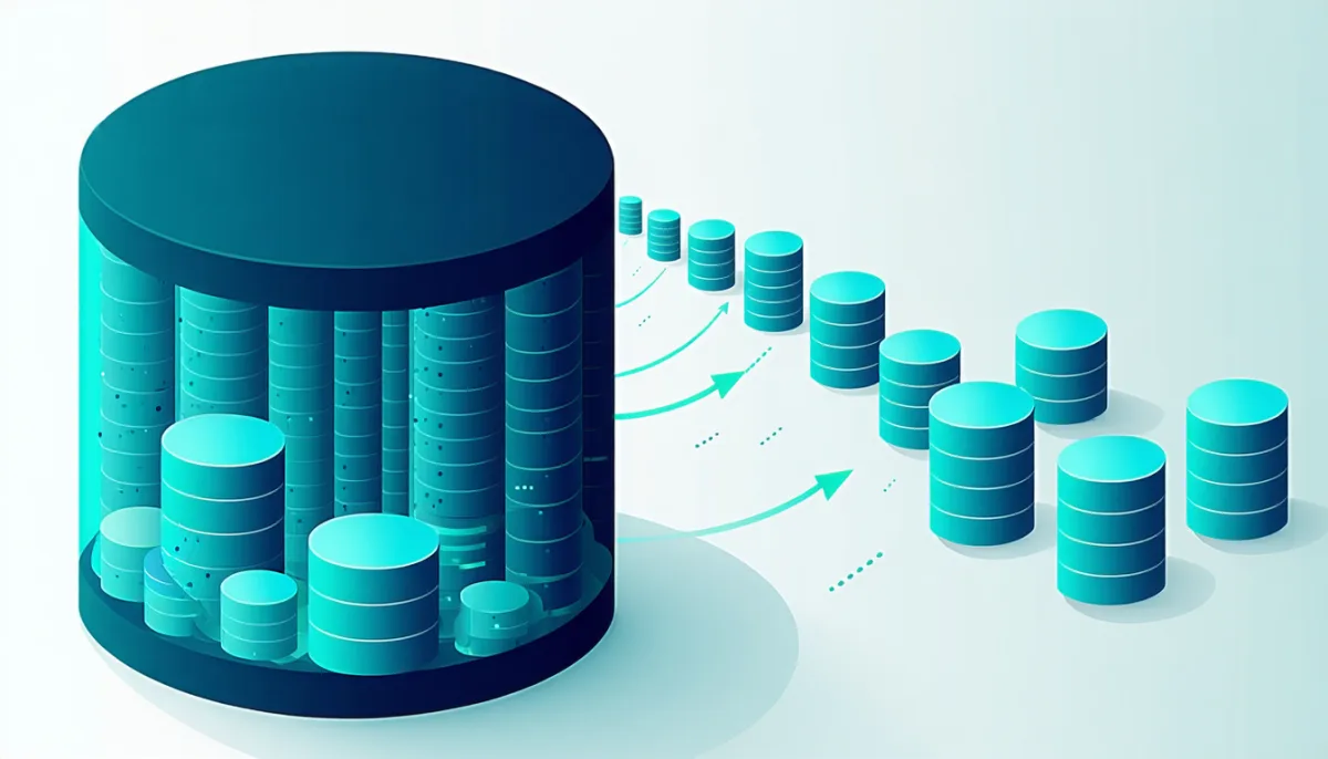 A database being filled from above with structured blocks, next to a progress ring