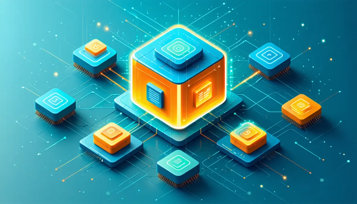 Exploded isometric diagram of a software module with a central cube and smaller blocks for configuration, templates, services and events