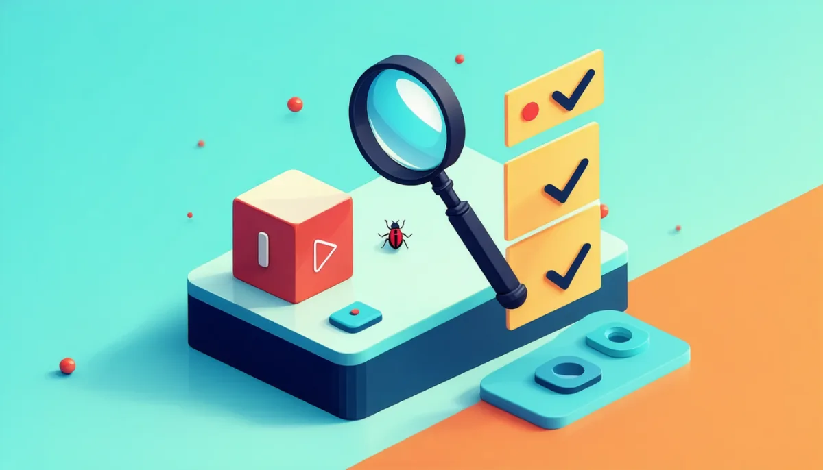 Debugging scene: a magnifying glass over a cube module with a small red warning bug, a toggle switch, stacked cache layers and a checklist