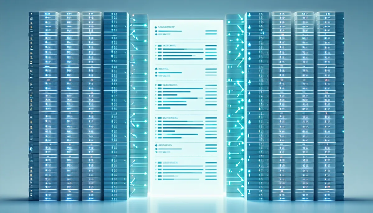 Visualisation of a database table with one row highlighted as the current main entry while many pale historical rows sit behind it