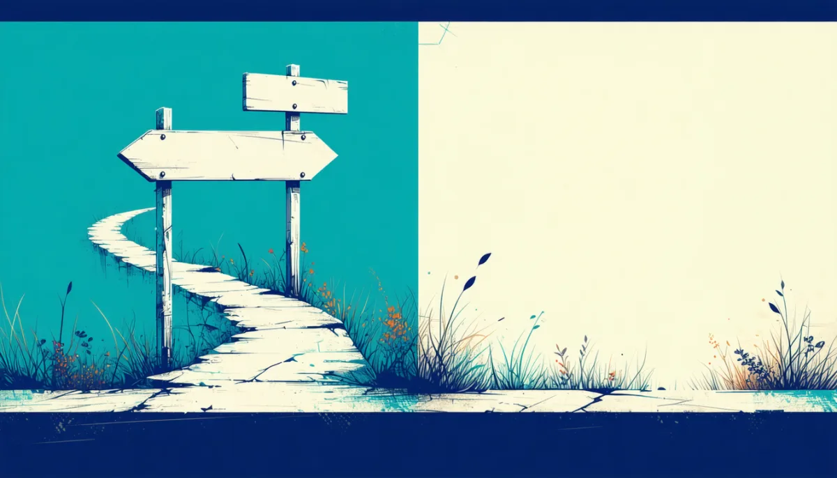 Two contrasting signposts: on the left an old path merges into a new one, on the right the path ends at a blank wall