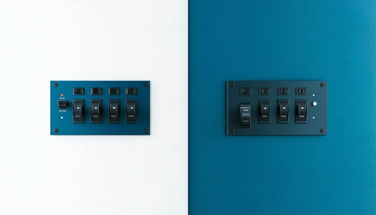 Two identical control panels side by side, the right one has an extra module that flipped several switches into different positions
