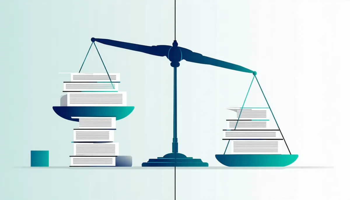 A balance scale comparing a light, slim stack of pages against a very tall, heavy stack