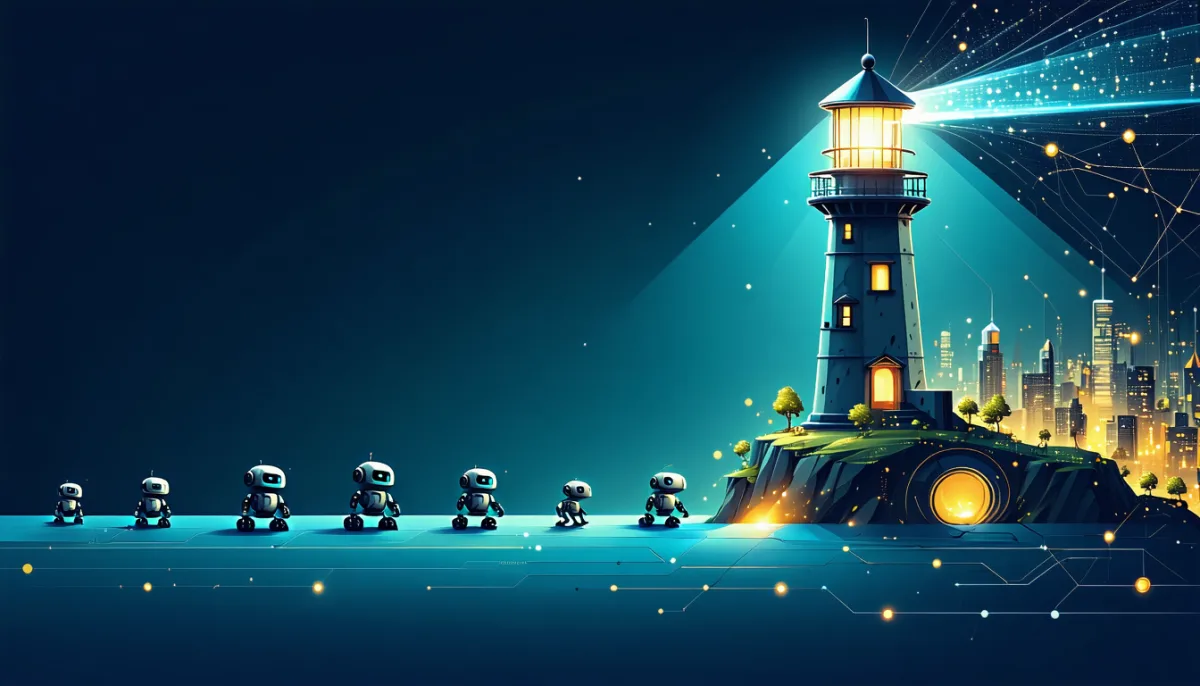 A row of small robots walking along a glowing path toward a lighthouse beside a lit city, representing crawlers following a sitemap