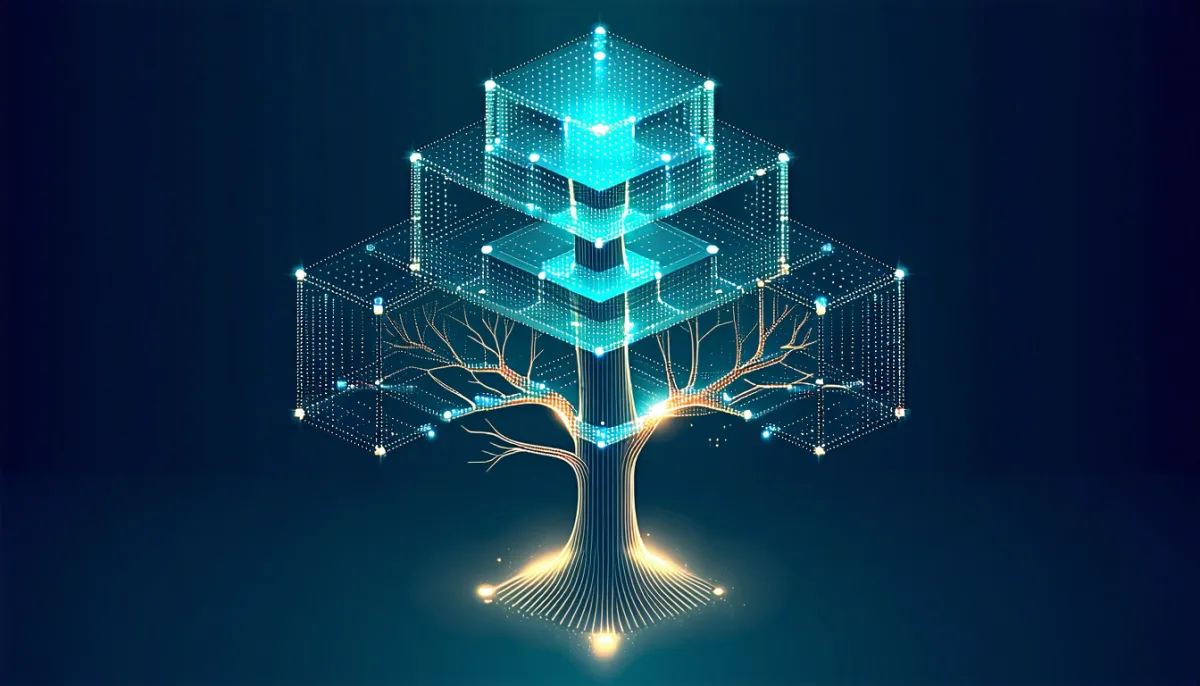 Glowing tree made of light filaments branching into a multi-level structure of data blocks, representing the hierarchy of an XML sitemap
