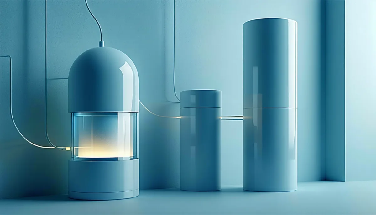 Minimalist illustration: one housing with a glowing database inside, next to several containers linked by cables, symbolising an embedded database versus a database server
