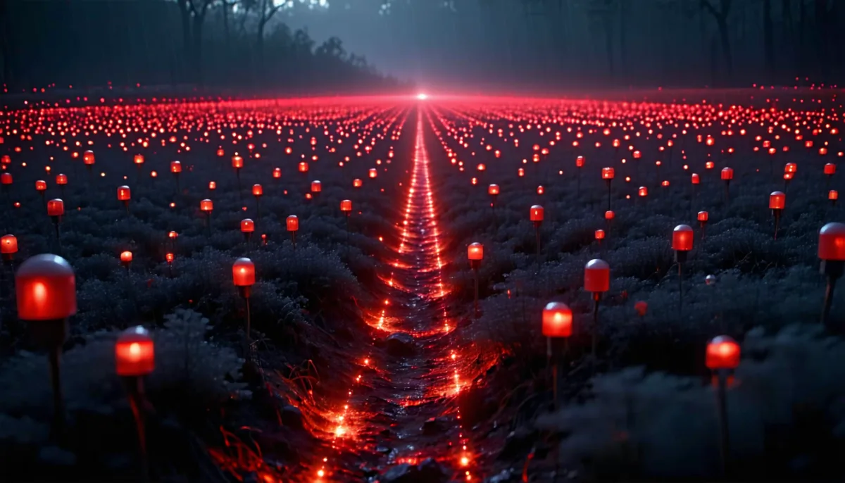 Thousands of tiny red probing lights converging on a single sealed glowing gateway
