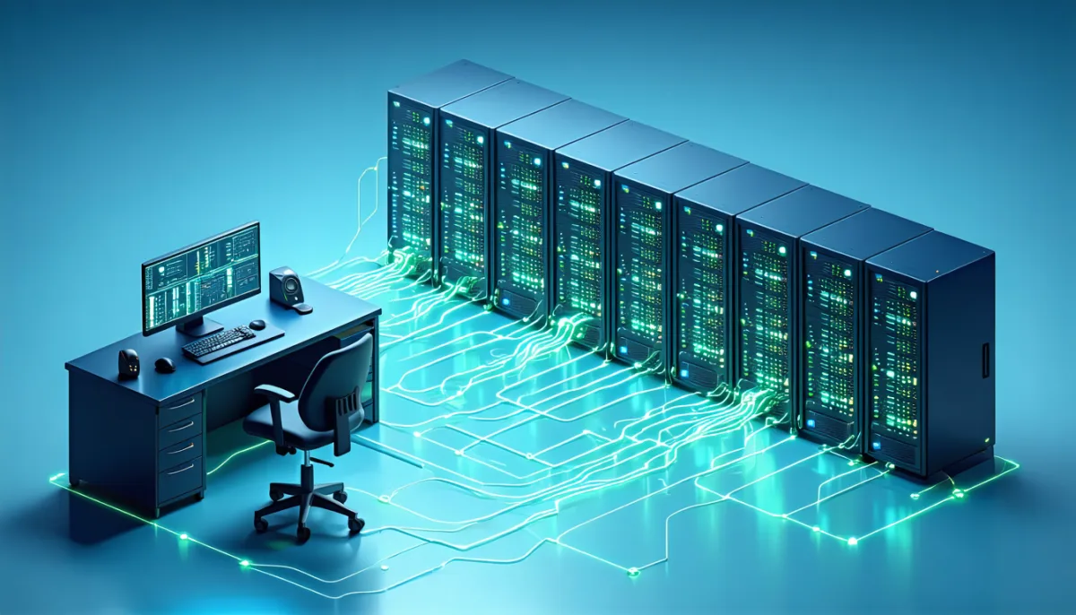 An isometric depiction of a workstation connected by orderly glowing links to several servers