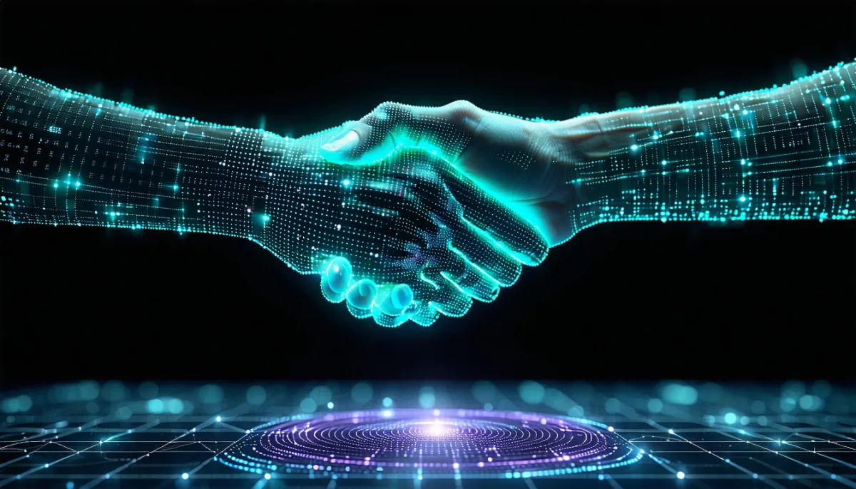 Abstract visualisation of a cryptographic handshake between two glowing nodes