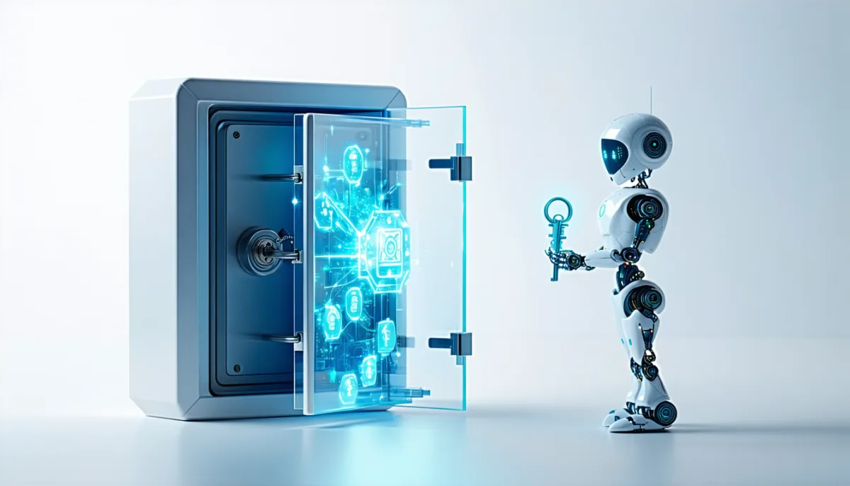 A key in a transparent vault, next to a helper holding the unlocked key in a glowing crystal