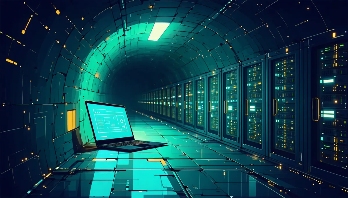 Abstract depiction of a tunnel carrying glowing data pods from a laptop through a fortified wall into a private server cluster