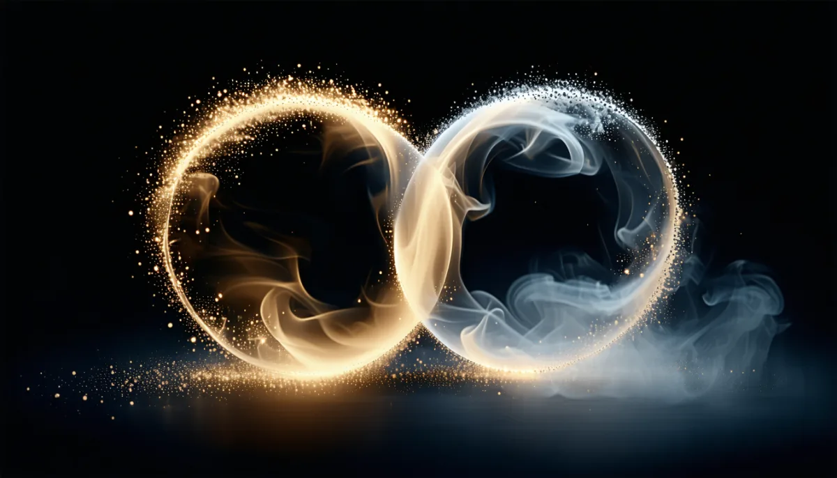Two interlocking swirls of light, one gold and one silver, as an image of the matching key pair