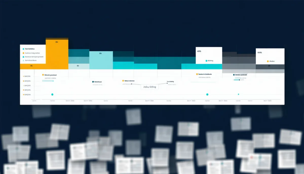 Stacked bar chart with four coloured segments above abstract job listing cards, illustrating the analysis of hiring requirements